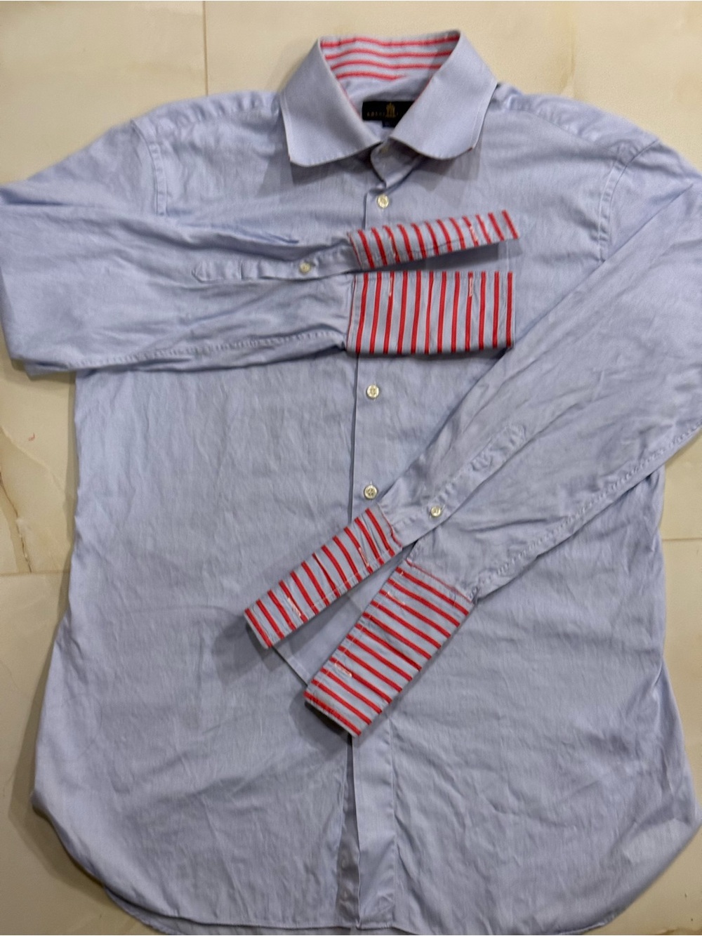 Men's Light Blue Dress Shirt with Red Stripe Cuff Detail